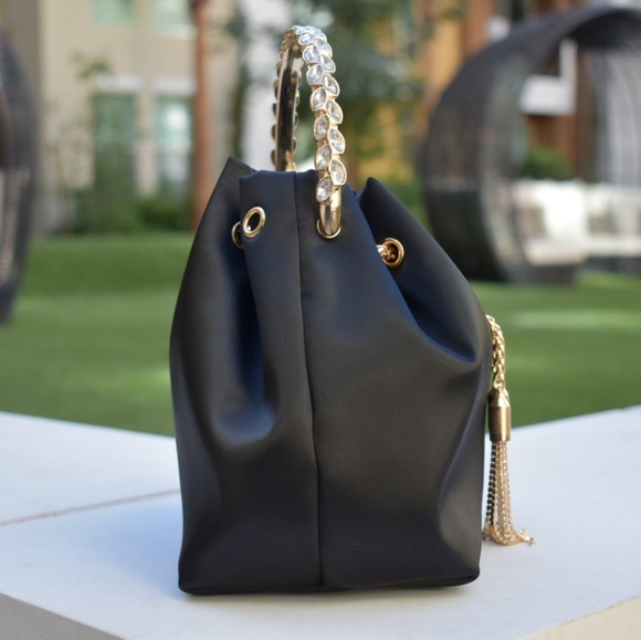 Women's Stylish Black Satin Sachel Top Handle Tassels-Detail Handle Bag - Picture 4 of 8